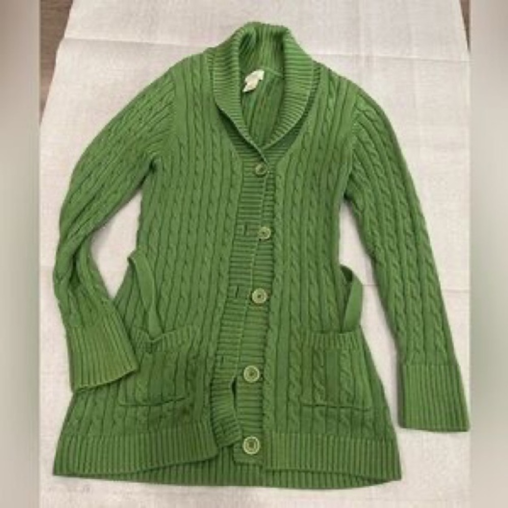 Green Cable-Knit Shawl Collar Cardigan Sweater